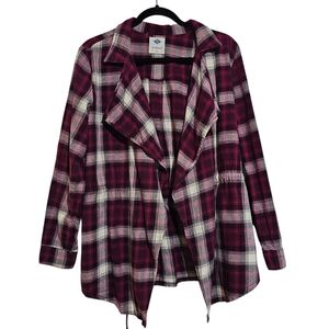 Sadie Robertson Plaid Open Front Jacket 100% Cotton Burgundy And White Medium